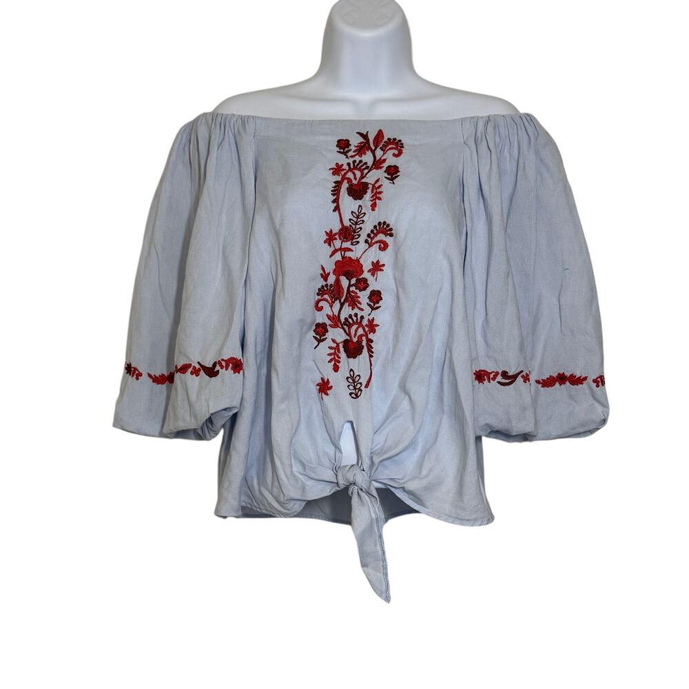 Zara XS Embroidered Off Shoulder Top Puff Sleeve Tie Hem Cottagecore Boho Chic